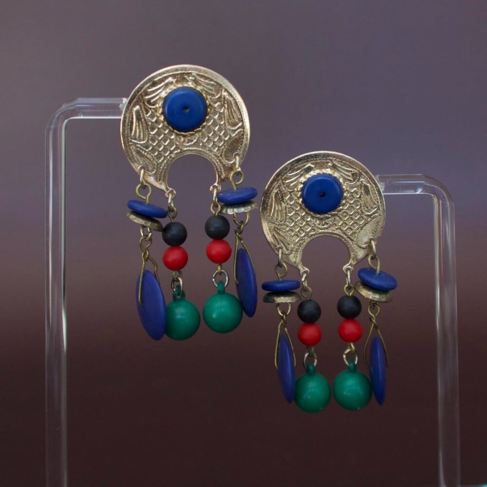 Vintage Oversized Statement Earrings – Gold Tone & Multicolor Beads – 80s 90s